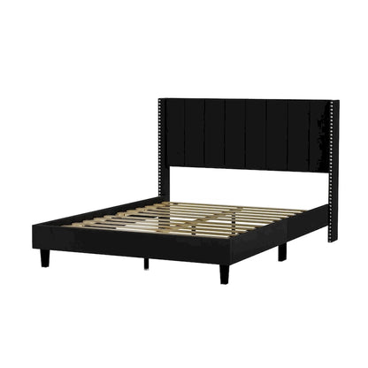 Tufted Upholstered Bed Frame — Low-Profile Velvet Platform Bed with Extended Wingback Headboard