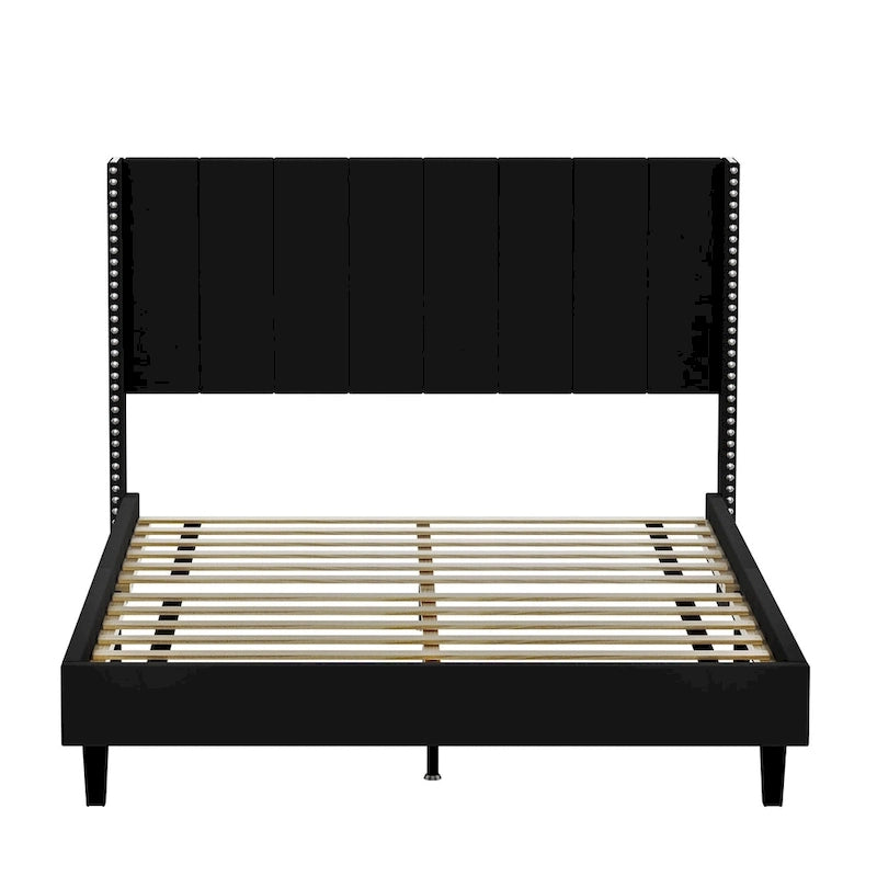Tufted Upholstered Bed Frame — Low-Profile Velvet Platform Bed with Extended Wingback Headboard