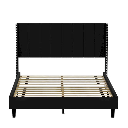 Tufted Upholstered Bed Frame — Low-Profile Velvet Platform Bed with Extended Wingback Headboard