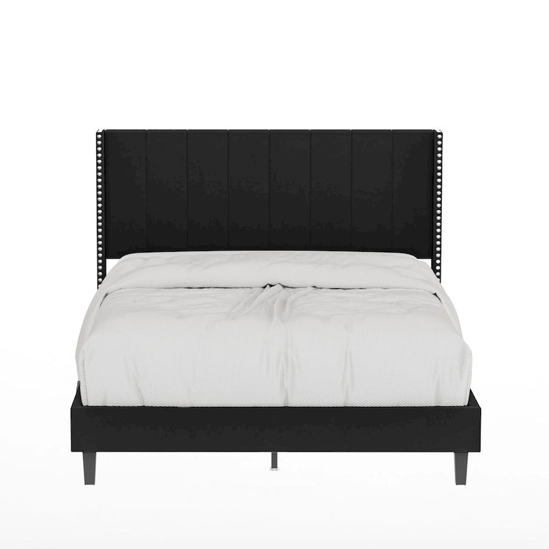 Tufted Upholstered Bed Frame — Low-Profile Velvet Platform Bed with Extended Wingback Headboard