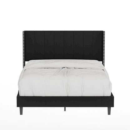 Tufted Upholstered Bed Frame — Low-Profile Velvet Platform Bed with Extended Wingback Headboard