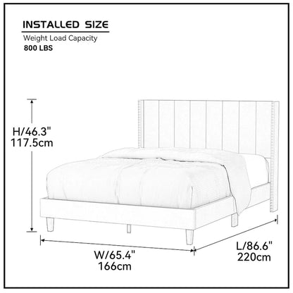 Tufted Upholstered Bed Frame — Low-Profile Velvet Platform Bed with Extended Wingback Headboard