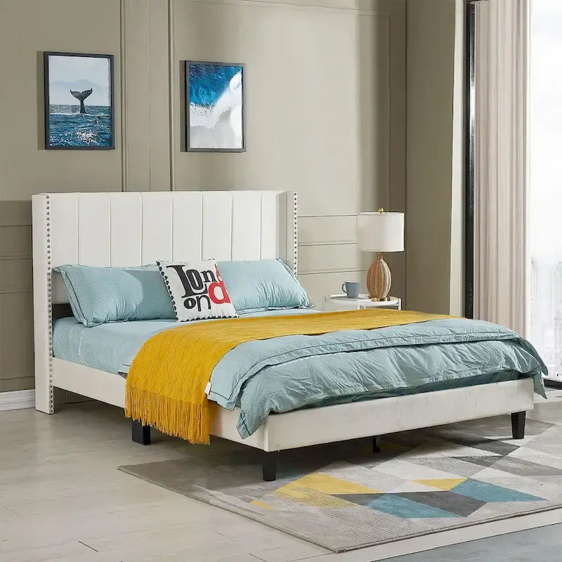 Tufted Upholstered Bed Frame — Low-Profile Velvet Platform Bed with Extended Wingback Headboard