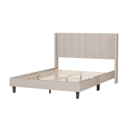 Tufted Upholstered Bed Frame — Low-Profile Velvet Platform Bed with Extended Wingback Headboard
