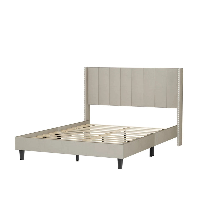 Tufted Upholstered Bed Frame — Low-Profile Velvet Platform Bed with Extended Wingback Headboard