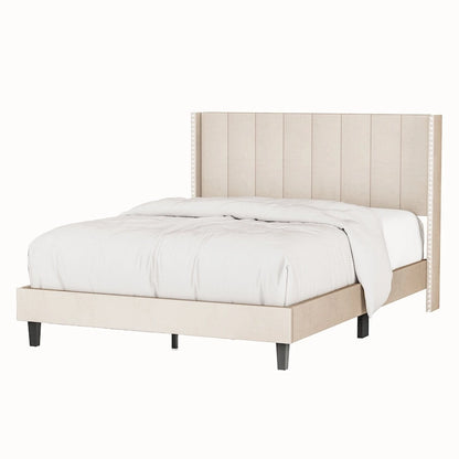 Tufted Upholstered Bed Frame — Low-Profile Velvet Platform Bed with Extended Wingback Headboard