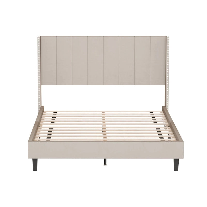 Tufted Upholstered Bed Frame — Low-Profile Velvet Platform Bed with Extended Wingback Headboard