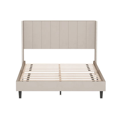 Tufted Upholstered Bed Frame — Low-Profile Velvet Platform Bed with Extended Wingback Headboard