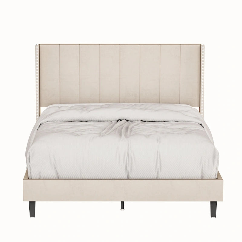 Tufted Upholstered Bed Frame — Low-Profile Velvet Platform Bed with Extended Wingback Headboard