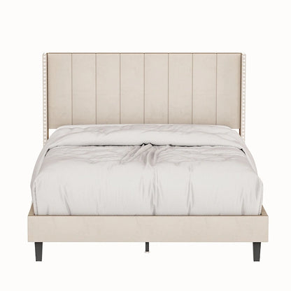 Tufted Upholstered Bed Frame — Low-Profile Velvet Platform Bed with Extended Wingback Headboard