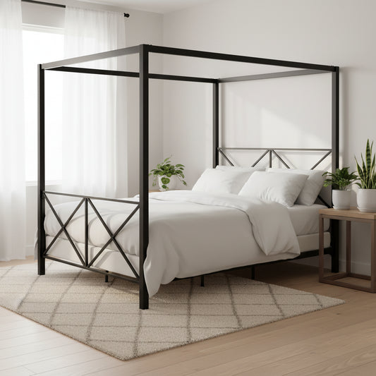 Queen size Modern Black Metal Four-Poster Canopy Bed Frame