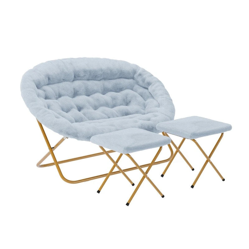 Double Folding Synthetic Fur Saucer Chair with 2 Ottomans