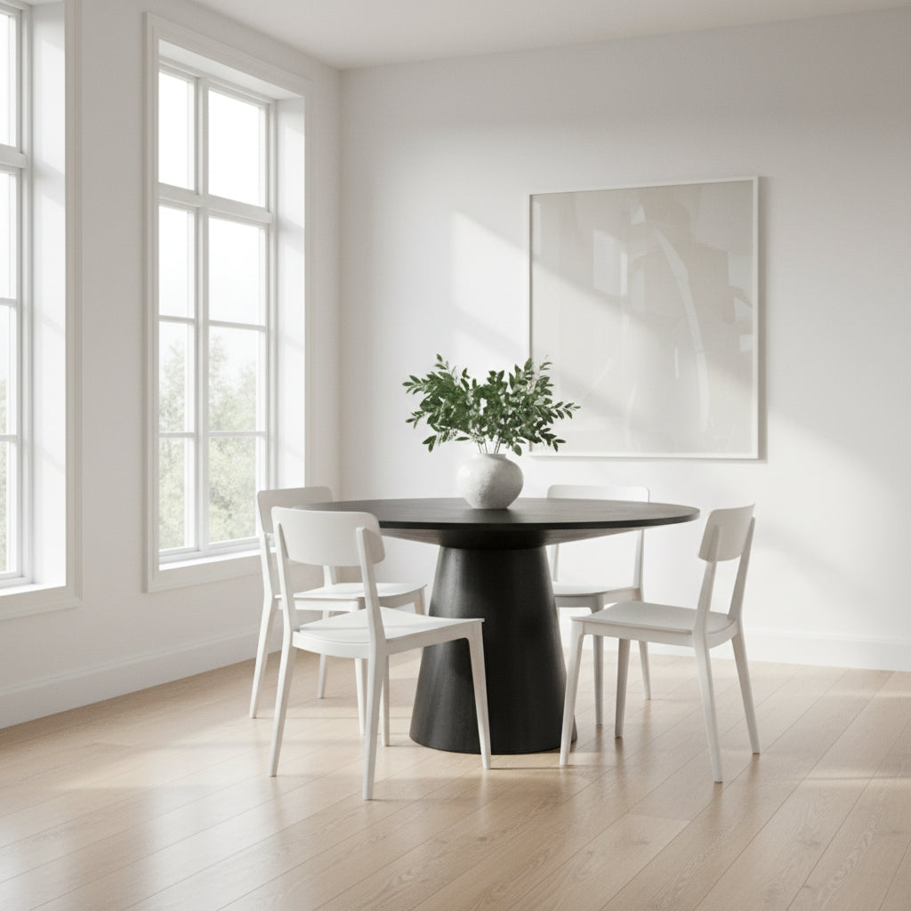 Fin 59 Inch Dining Table, Round Surface, Pedestal Base, Rubberwood, Black