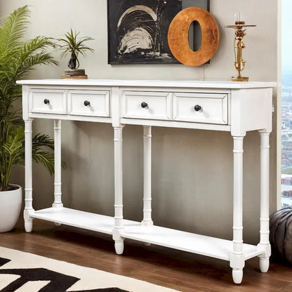 Pine Wood and MDF Styled Console Sofa Easy Assembly with Two Storage Drawers and Bottom Shelf for Living Room, Entryway