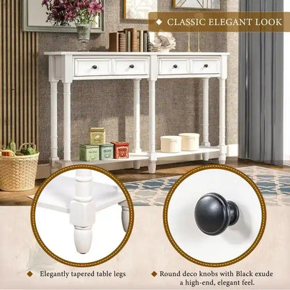 Pine Wood and MDF Styled Console Sofa Easy Assembly with Two Storage Drawers and Bottom Shelf for Living Room, Entryway