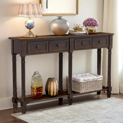 Pine Wood and MDF Styled Console Sofa Easy Assembly with Two Storage Drawers and Bottom Shelf for Living Room, Entryway