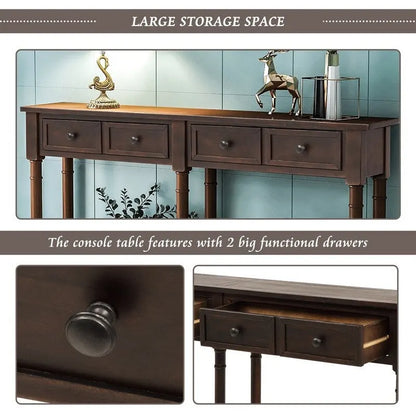 Pine Wood and MDF Styled Console Sofa Easy Assembly with Two Storage Drawers and Bottom Shelf for Living Room, Entryway