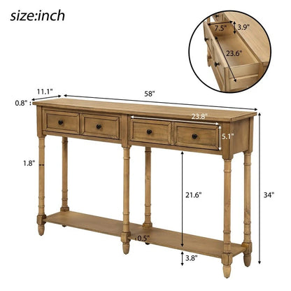 Pine Wood and MDF Styled Console Sofa Easy Assembly with Two Storage Drawers and Bottom Shelf for Living Room, Entryway