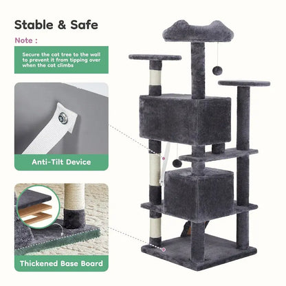 54in Cat Tree, Indoor Cat High-rise Multi-story Tower, Pet Playroom With Large Apartment